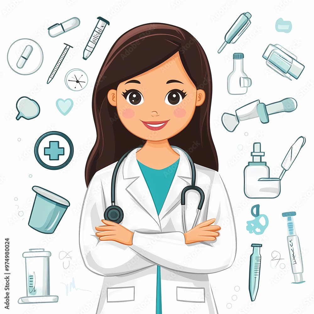 Smiling Female Doctor with Medical Symbols: A friendly and approachable female doctor with a warm smile, surrounded by medical symbols, representing the vast scope of healthcare. Perfect for showcasin Smiling Female Doctor with Medical Symbols: A friendly and approachable female doctor with a warm smile, surrounded by medical symbols, representing the vast scope of healthcare. Perfect for showcasin