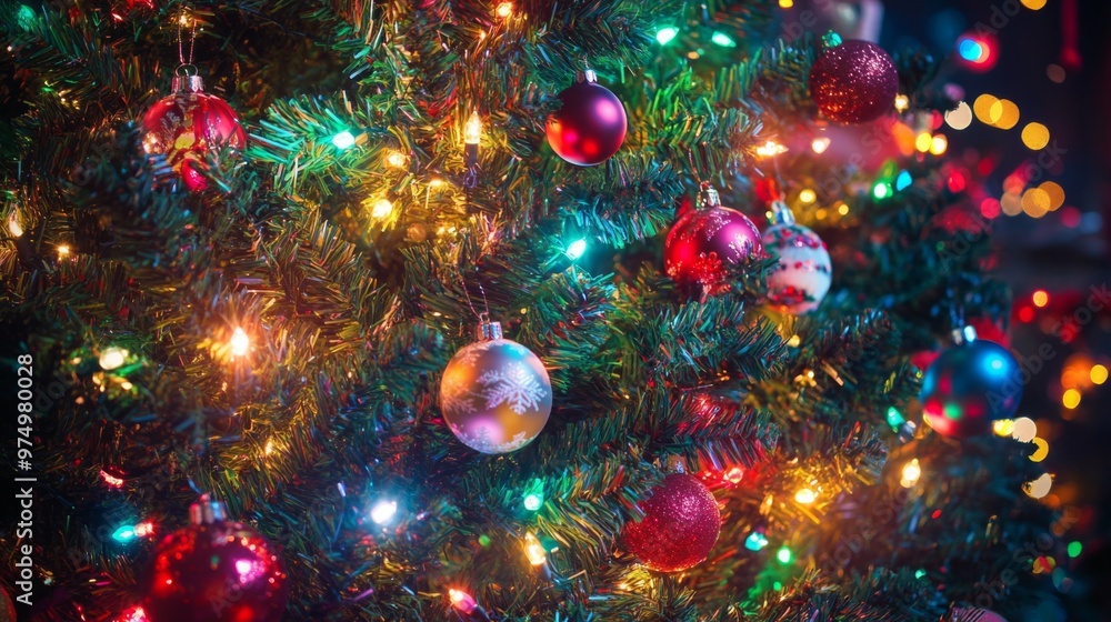 Close-up of a Christmas Tree Adorned with Ornaments and Lights Close-up of a Christmas Tree Adorned with Ornaments and Lights