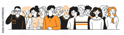 Businesspeople group doodle line and color illustration. Commercial company employees crowd linear sketch vector people composition