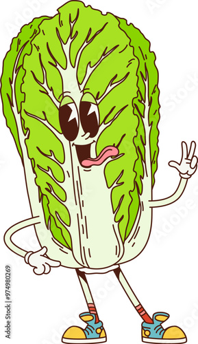 Groovy Chinese cabbage vegetable retro character, vector comic cartoon. Groovy funky Chinese cabbage napa with happy smile on face and silly tongue out with peace sign gesture for groovy food emoji