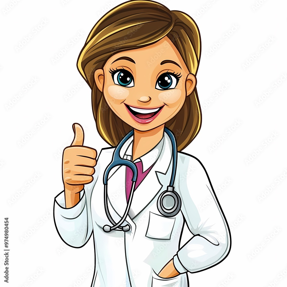 Confident Doctor Thumbs Up: A friendly cartoon doctor in a white coat with a stethoscope, gives a thumbs up gesture, conveying positivity and confidence. A great image for healthcare, medical, welln Confident Doctor Thumbs Up: A friendly cartoon doctor in a white coat with a stethoscope, gives a thumbs up gesture, conveying positivity and confidence. A great image for healthcare, medical, welln