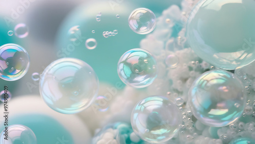 Abstract close-up of translucent soap bubbles with iridescent hues floating against a soft teal and light gray background, ethereal and dreamy, generative ai