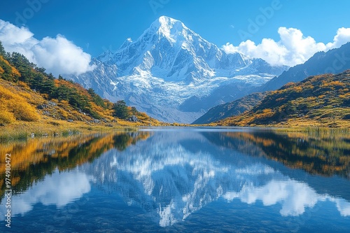 A snow-capped mountain reflected in a crystal-clear lake photo