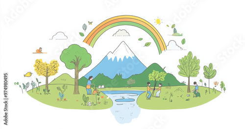 Reforestation as planting trees to protect green environment outline concept, transparent background. Earth protection of global warming.
