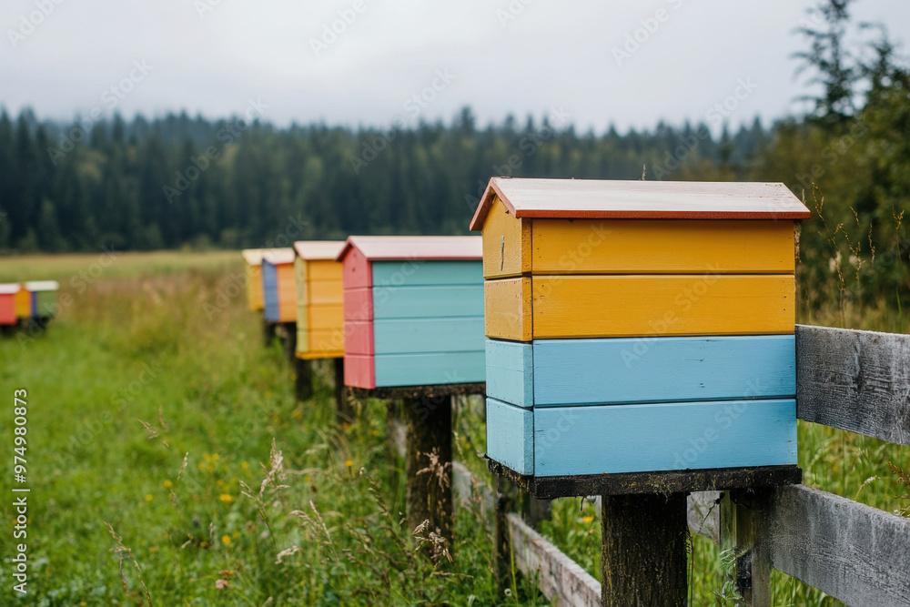 Background shot with line of wooden colorful beehives where bees generate honey and wax in autumn meadow at apiary farm near forest, copy space
Background shot with line of wooden colorful beehives where bees generate honey and wax in autumn meadow at apiary farm near forest, copy space
