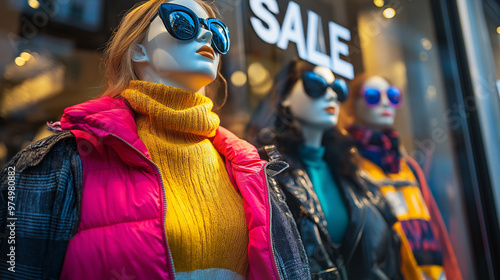 Mannequins dressed in colorful winter jackets and sweaters, showcasing bold fashion trends with layers and accessories, perfect for winter retail window displays.