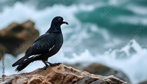 Black guillemot standing on rocky shore with turbulent waves crashing in the background photo