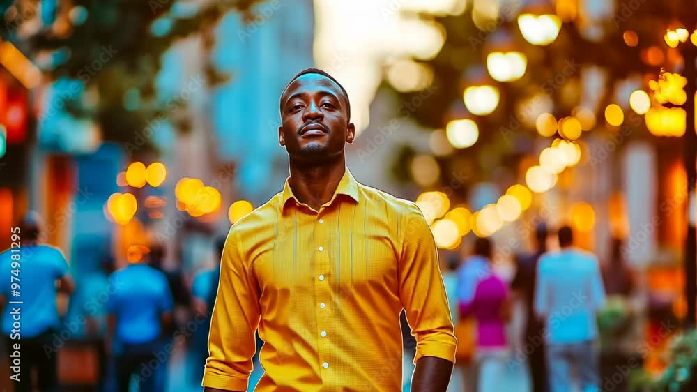 A young African American man in a vibrant yellow shirt walks through a bustling city street during sunset. With a relaxed facial expression, he enjoys the evening ambiance amidst blurred pedestrians. A young African American man in a vibrant yellow shirt walks through a bustling city street during sunset. With a relaxed facial expression, he enjoys the evening ambiance amidst blurred pedestrians.