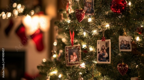 Decorated Christmas Tree with Family Photos as Ornaments