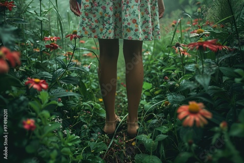 A woman stands in a vibrant flower garden surrounded by lush greenery during a misty morning