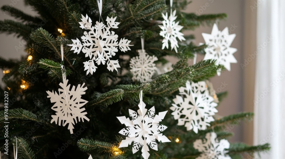 Paper Snowflake Ornaments Hanging on a Christmas Tree Paper Snowflake Ornaments Hanging on a Christmas Tree