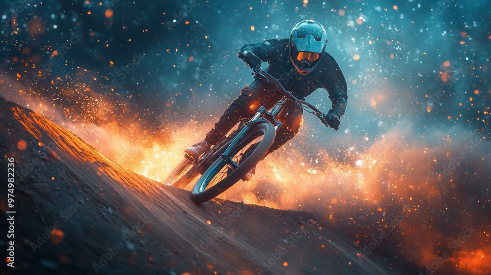 A thrilling downhill mountain biking scene featuring a rider navigating a steep volcanic terrain the fiery background adds a sense of adrenaline and adventure the biker is equipped with safety A thrilling downhill mountain biking scene featuring a rider navigating a steep volcanic terrain the fiery background adds a sense of adrenaline and adventure the biker is equipped with safety