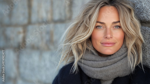 A beautiful blonde woman in a stylish winter coat and scarf, standing in front of a majestic Norwegian castle in Oslo, her hair softly blowing in the cold wind, with the ancient st