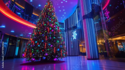 Decorated Christmas Tree in a Modern Lobby