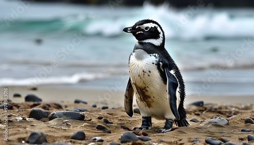 Adorable Magellanic penguin chick on a sandy beach in the stunning Falkland Islands