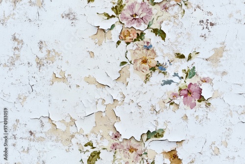 Vintage Floral Textured Wall with Peeling Paint photo