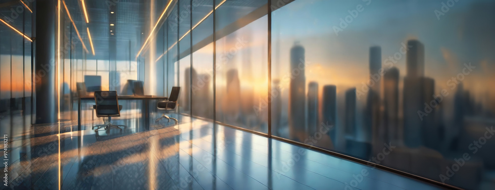 An empty office space with a glass wall overlooking a city at sunset.