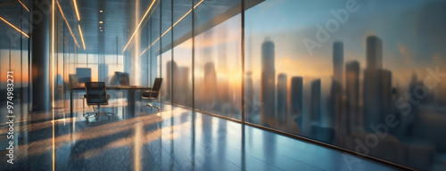Obraz na płótnie An empty office space with a glass wall overlooking a city at sunset. w salonie