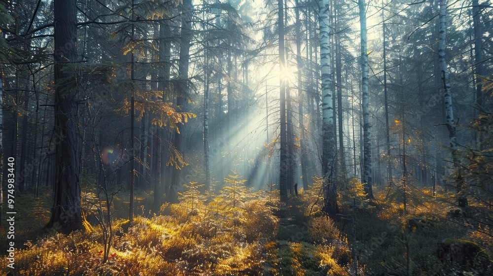 Obraz premium Rays of sunlight breaking through a picturesque forest of green deciduous trees. Natural Background. Illustration for cover, postcard, interior design, poster or presentation.