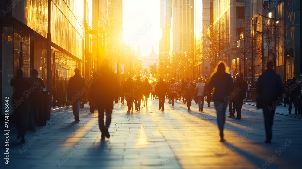 Crowds stroll through a bustling urban landscape bathed in warm dusk light Crowds stroll through a bustling urban landscape bathed in warm dusk light