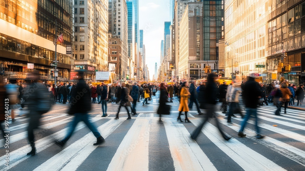 Crowds of people navigate a busy city crosswalk as sunlight filters through tall buildings Crowds of people navigate a busy city crosswalk as sunlight filters through tall buildings