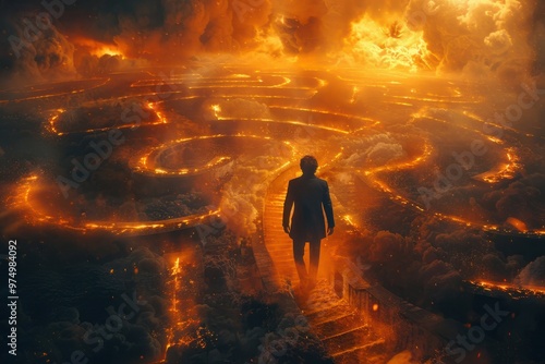 A man navigates a fiery labyrinth under a dramatic sky filled with smoke and flames during twilight photo