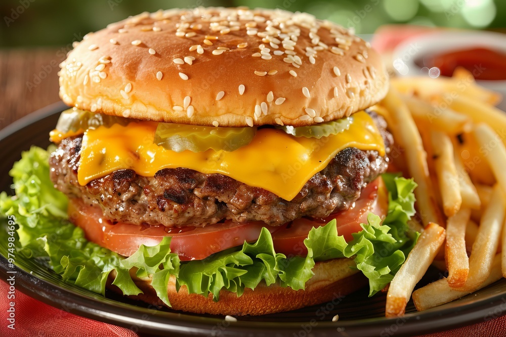 Juicy cheeseburger with lettuce, tomato, pickles, and melted cheese is served on a sesame seed bun with french fries Juicy cheeseburger with lettuce, tomato, pickles, and melted cheese is served on a sesame seed bun with french fries