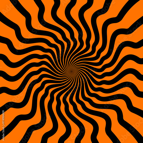 Halloween psychedelic hypnotic swirl spiral pattern with optical illusion hypnosis, vector effect. Hypnotic spiral vortex background of black orange psychedelic pattern for Halloween holiday