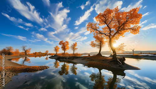 Autumn Scenery of Huayang Forest in Taklamakan Desert, Xinjiang photo