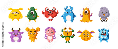 Cute beasts characters level color vector symbol set. Bizarre fanciful companions. Amusing spooky personages outline pack on white
