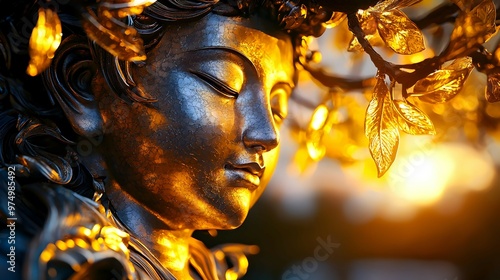 Golden Buddha Statue Close Up with Glowing Leaves photo