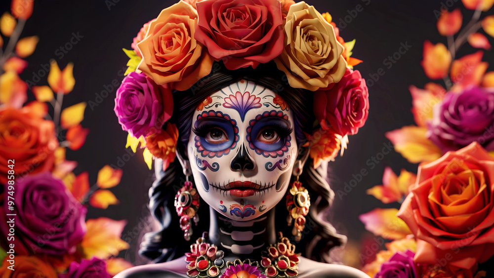 Vibrant 3D Render of La Catrina with Intricate Sugar Skull Makeup, Colorful Flower Crown, and Elegant Jewelry Celebrating Día de los Muertos Vibrant 3D Render of La Catrina with Intricate Sugar Skull Makeup, Colorful Flower Crown, and Elegant Jewelry Celebrating Día de los Muertos