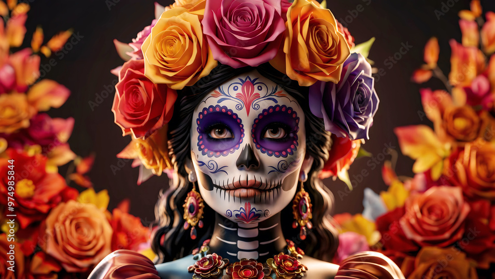 Vibrant 3D Render of La Catrina with Intricate Sugar Skull Makeup, Colorful Flower Crown, and Elegant Jewelry Celebrating Día de los Muertos Vibrant 3D Render of La Catrina with Intricate Sugar Skull Makeup, Colorful Flower Crown, and Elegant Jewelry Celebrating Día de los Muertos