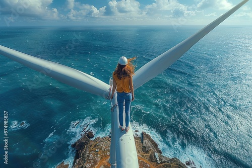 A daring individual balances on the edge of a wind turbine overlooking the ocean on a sunny day photo