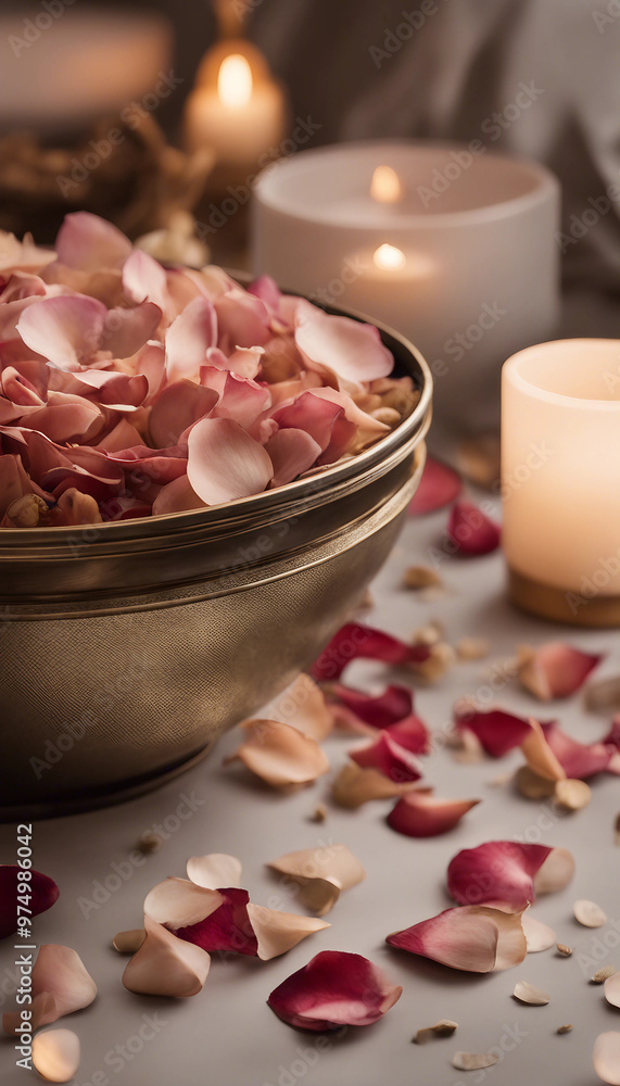 A serene setting featuring a bowl filled with rose petals, surrounded by scattered petals, seeds, and two lit candles creating a warm ambiance.
A serene setting featuring a bowl filled with rose petals, surrounded by scattered petals, seeds, and two lit candles creating a warm ambiance.