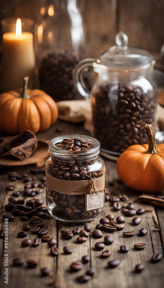 A cozy autumnal setting with coffee beans, pumpkins, and a lit candle on a wooden surface.
A cozy autumnal setting with coffee beans, pumpkins, and a lit candle on a wooden surface.