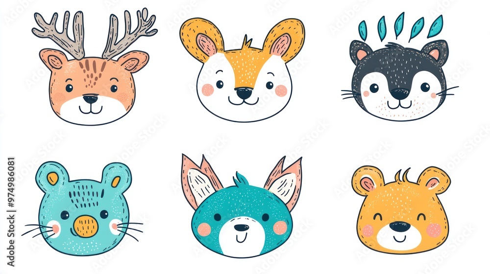 Cute animal face icons in flat design with pastel colors of different animals like cats, dogs, rabbits or hamsters for children book covers, prints on fabric or t-shirts Cute animal face icons in flat design with pastel colors of different animals like cats, dogs, rabbits or hamsters for children book covers, prints on fabric or t-shirts