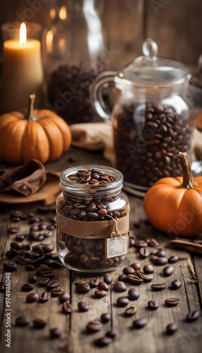 A cozy autumnal setting with coffee beans, pumpkins, and a lit candle on a wooden surface.

 photo