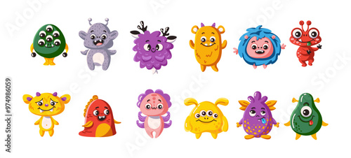 Adorable monsters characters flat color vector icon set. Strange imaginary friends. Funny spooky personages illustration pack on white