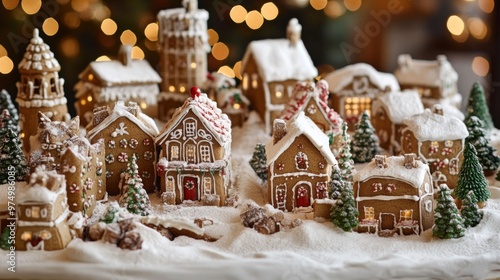 A Snowy Gingerbread Village with Illuminated Windows and Candy Decorations