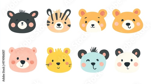 Cute animal face icons in flat design with pastel colors of different animals like cats, dogs, rabbits or hamsters for children book covers, prints on fabric or t-shirts