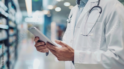 Pharmacist holding a tablet in a pharmacy showcasing technology integration in healthcare settings photo