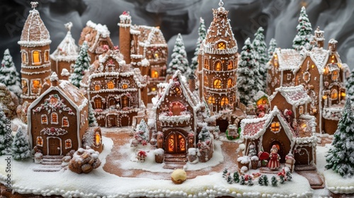 Gingerbread Village with Snowy Rooftops and Christmas Lights photo