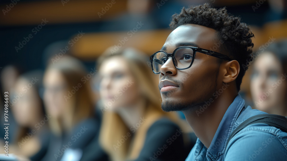 Black student in glasses sitting in the front row and listening to a lecture, with other students behind him in a university auditorium Black student in glasses sitting in the front row and listening to a lecture, with other students behind him in a university auditorium