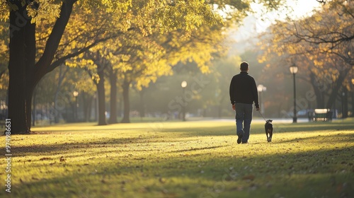 A man enjoys a peaceful walk in a quiet park with his dog during a golden morning light