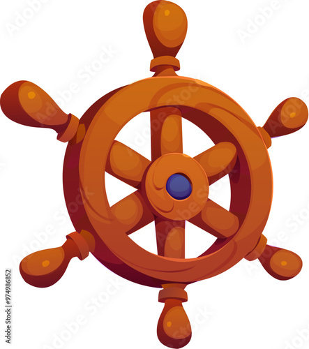 Cartoon ship steering wheel. Isolated vector wooden boat helm. Game asset, maritime sailing item with polished spokes or handles. Vintage, circular nautical rudder, commands the vessel course