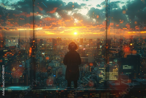 A person gazes over a vibrant city skyline at sunset from a high-rise building in a bustling urban environment