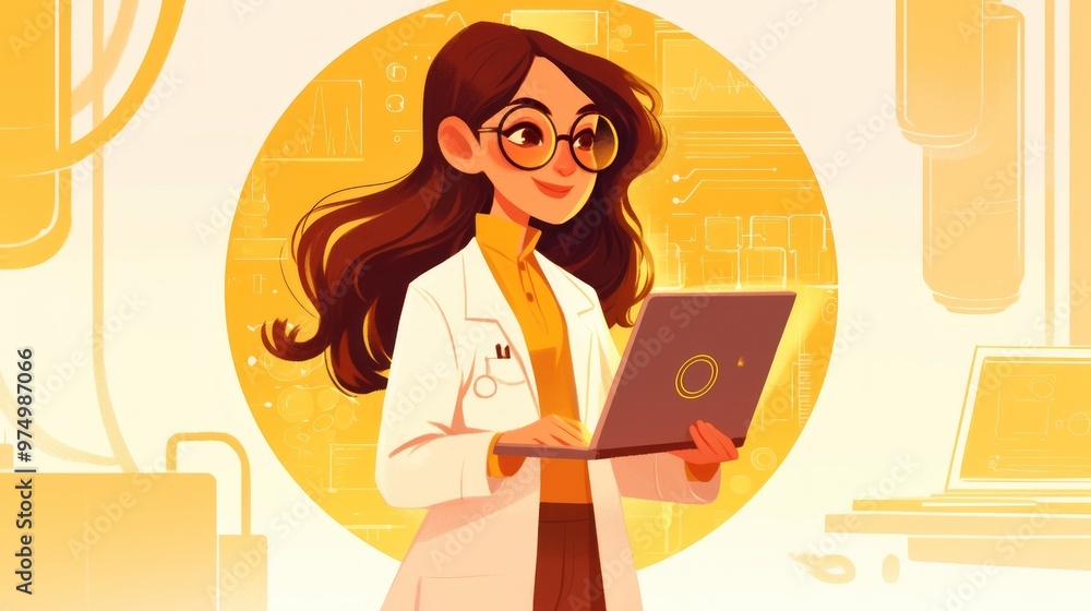 A young female scientist in a white coat, holding a laptop, with a smiling face and a happy expression, in pastel colors, on a plain background of a circular frame that limits the character A young female scientist in a white coat, holding a laptop, with a smiling face and a happy expression, in pastel colors, on a plain background of a circular frame that limits the character