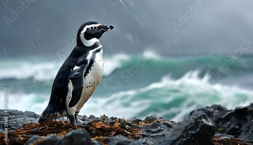 Majestic Magellanic penguin braving the stormy shores of the Atlantic Ocean