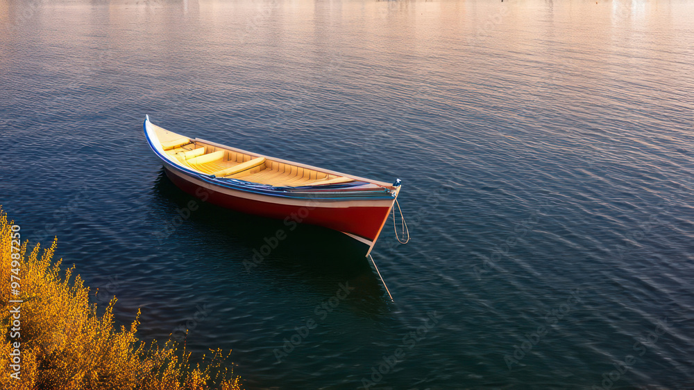 a boat sitting on top of a body of water, sunny amber morning light a boat sitting on top of a body of water, sunny amber morning light
